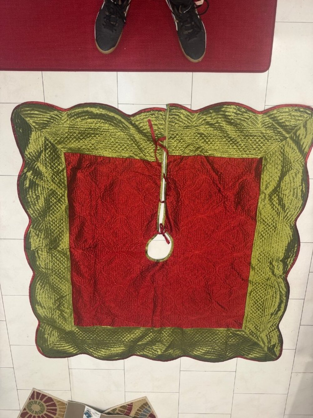 Quilted Christmas Tree Skirt Square 54 in Reversible Red Green Scalloped